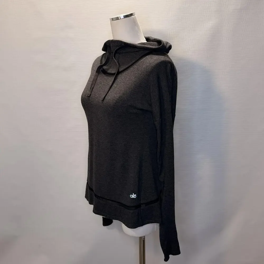 Alo Yoga Hoodie Womens XS Gray Lightweight Open Back Mesh Trim Top Pullover